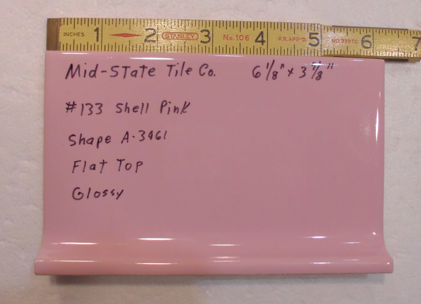 1 pc. Shell Pink: 4” X 6” Glossy Ceramic Cove Base Tile by Mid-State: Flat Top