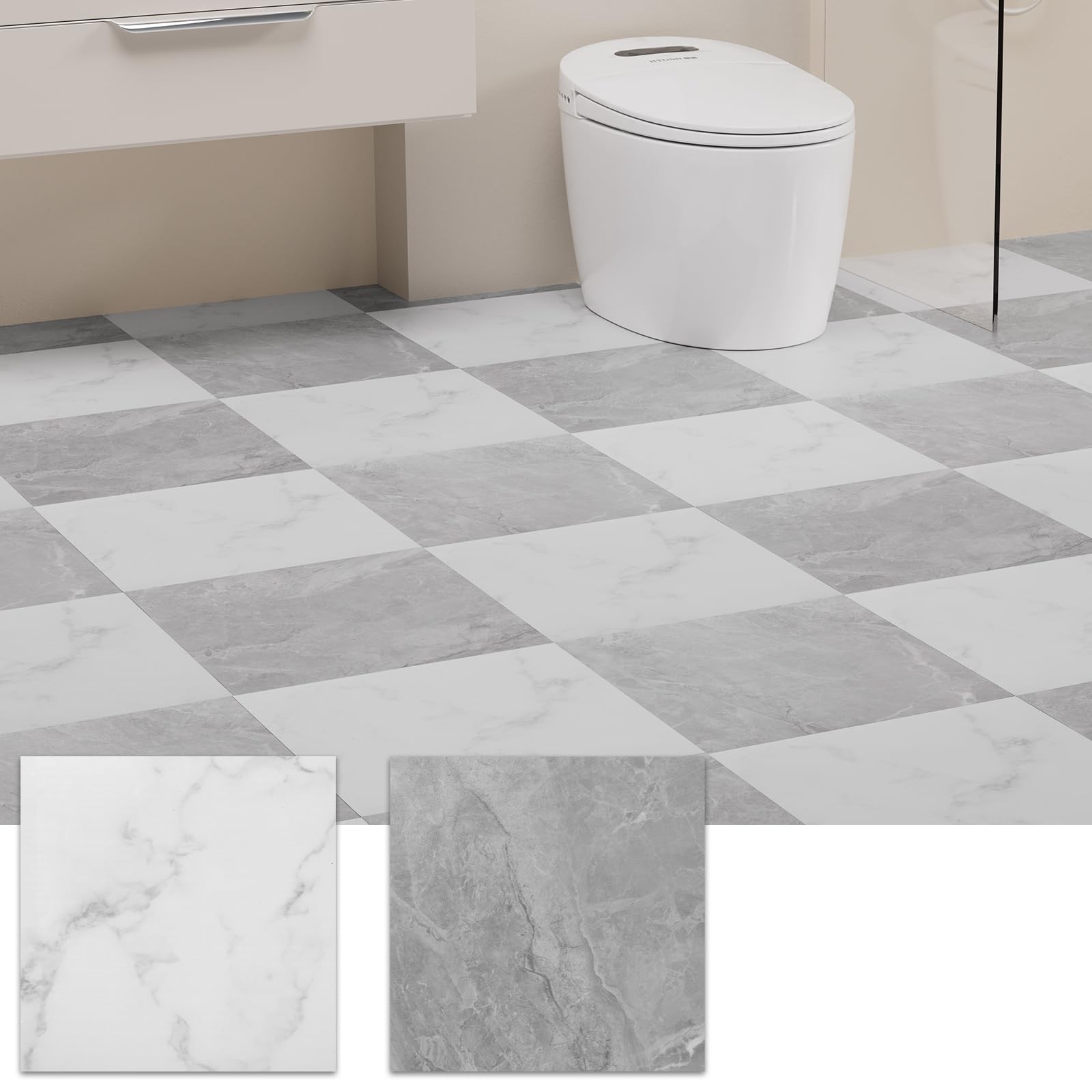 Peel and Stick Floor Tile, 30 PCS 12″ x 12″ Checkered Waterproof Marble Textu…
