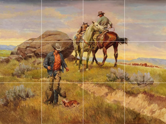 Country western cowboys found calf baby cow ceramic tile mural backsplash