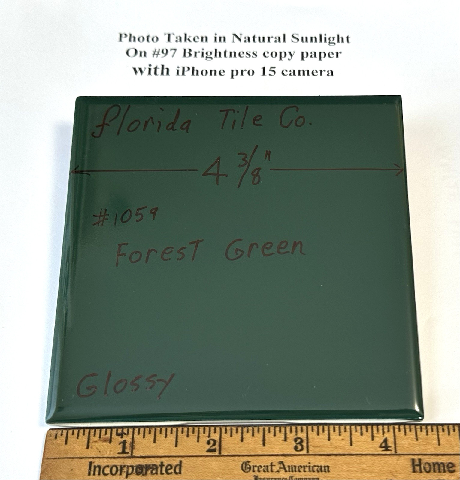 1 pc. Forest Green: 4-3/8″ Glossy Ceramic Tile by Florida Co. #1059, New Stock