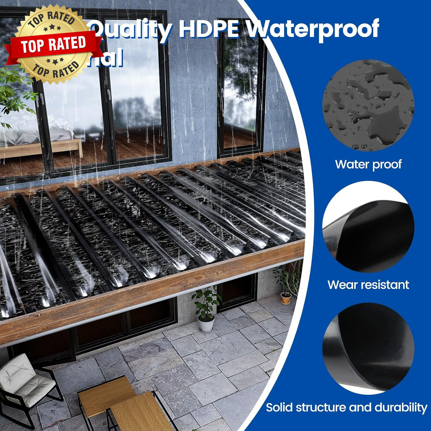 1PCS 50FT Black under Deck Drainage System Trough HDPE Waterproofing Membrane Fi