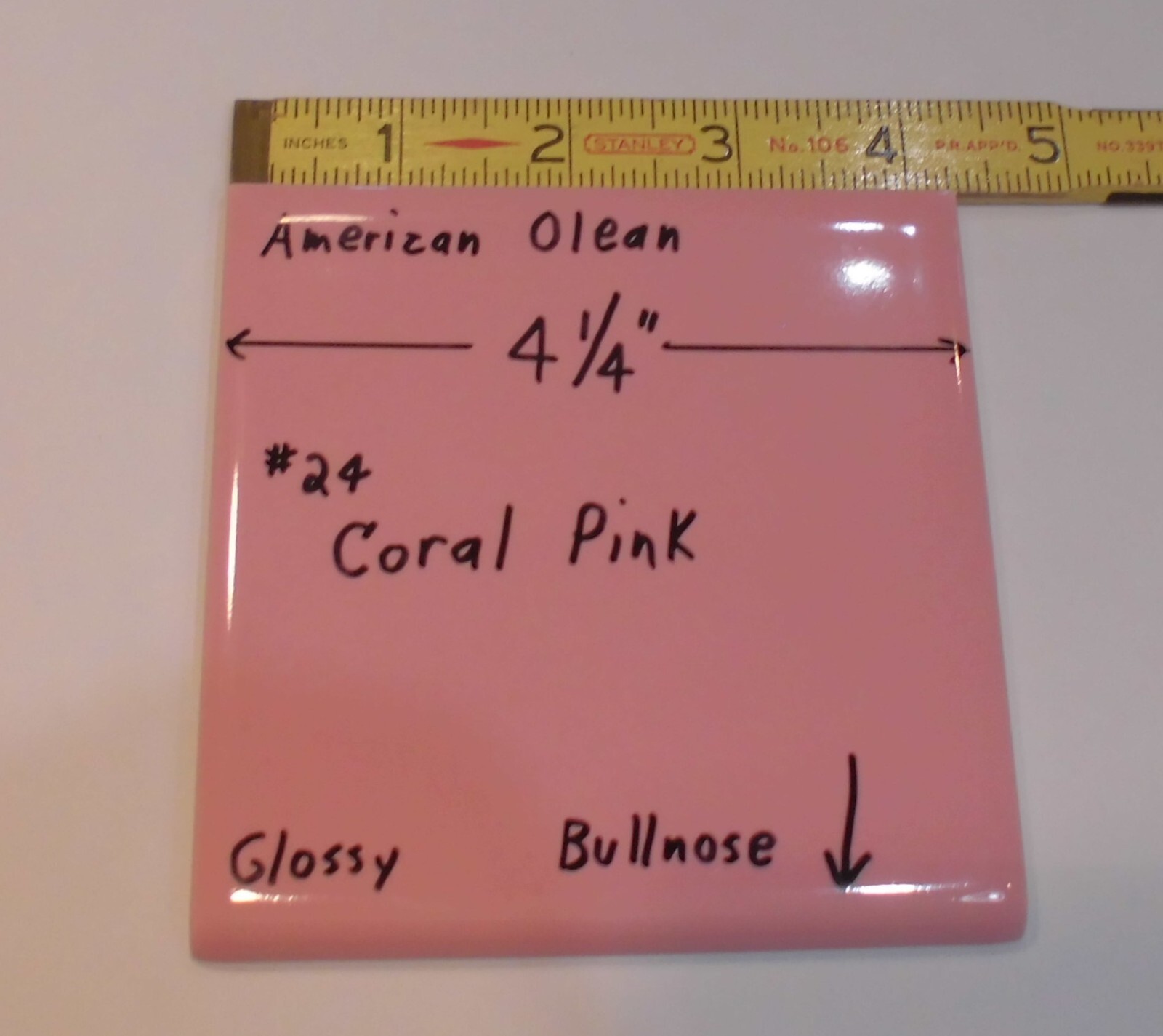 1 pc. Vintage Glossy Ceramic Bullnose Tile 4-1/4” *Coral-Pink* American Olean