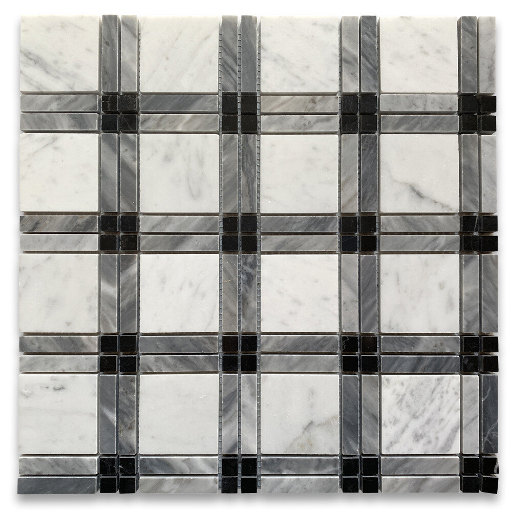C261XP Carrara White Gray Black Marble Plaid Tartan Gingham Tile Polished