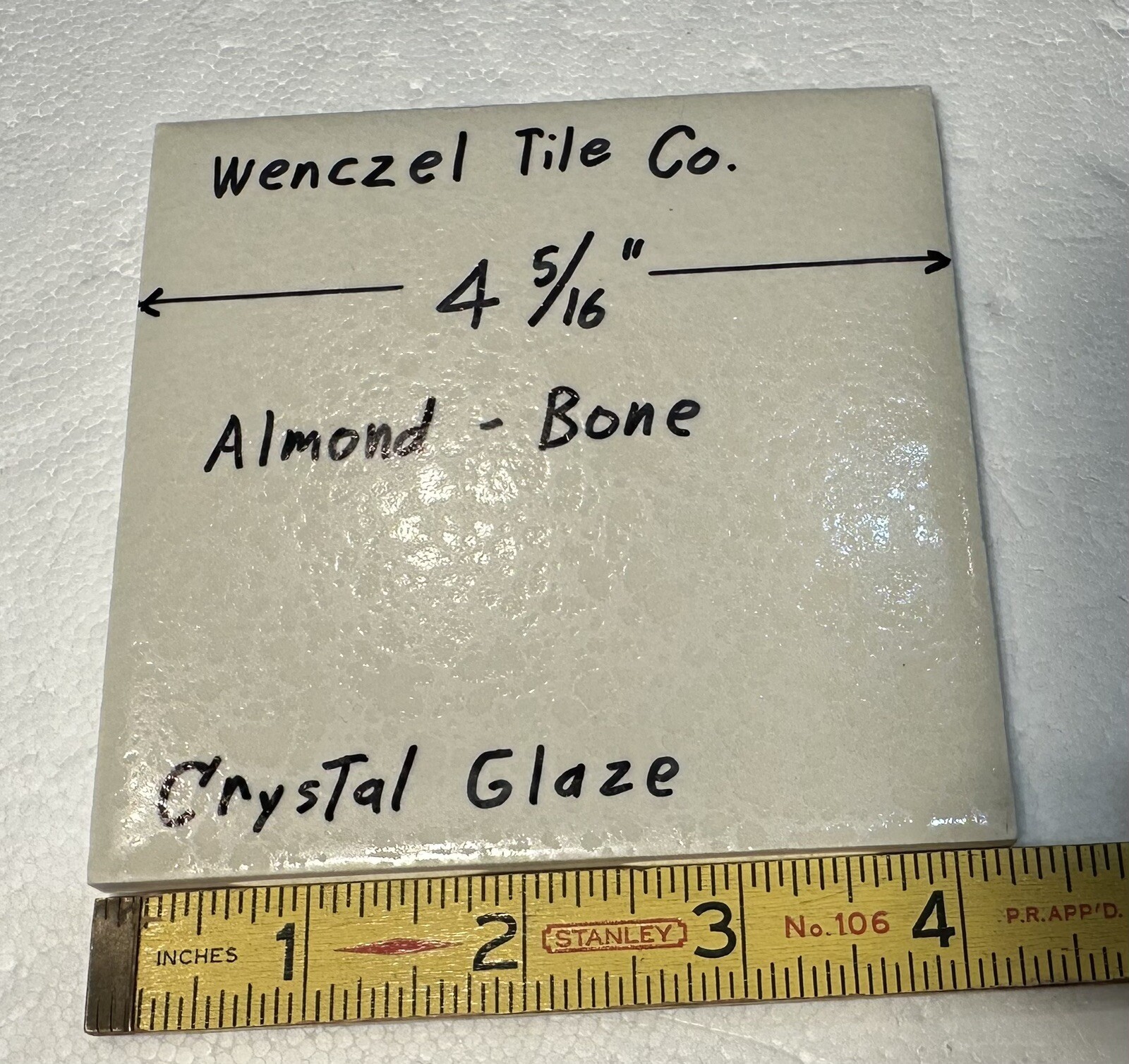 1 pc. *Almond – Bone* Crystal Glaze; Ceramic Tile by Wenczel Co. 4-5/16″ NOS