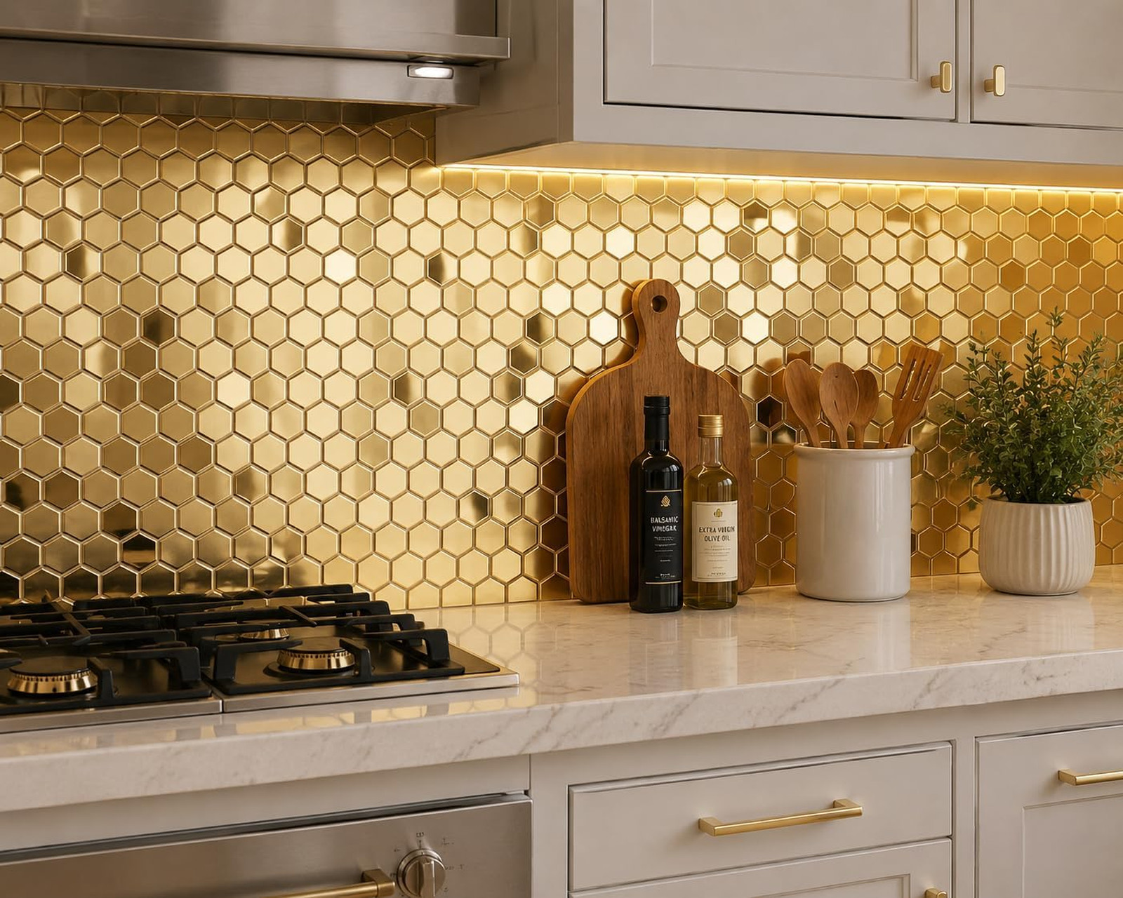 Hexagon Gold Backsplash Tile, Mosaic Sheets 12 Inch Mesh Mounted Brushed Shiny