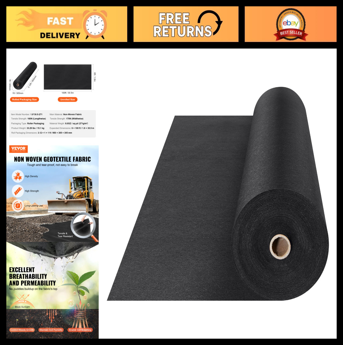6FTx100FT Heavy Duty Non-Woven Geotextile Fabric for Driveway, Garden, Drainage,