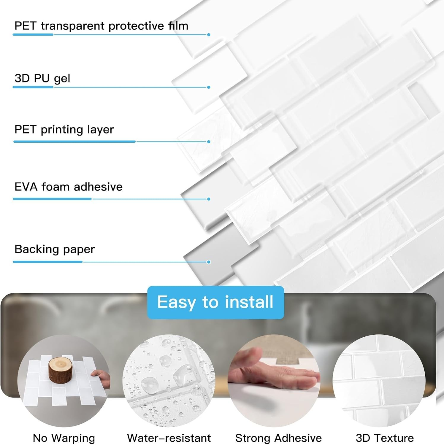 Waterproof White Marble Peel and Stick Tiles – 10 Pack