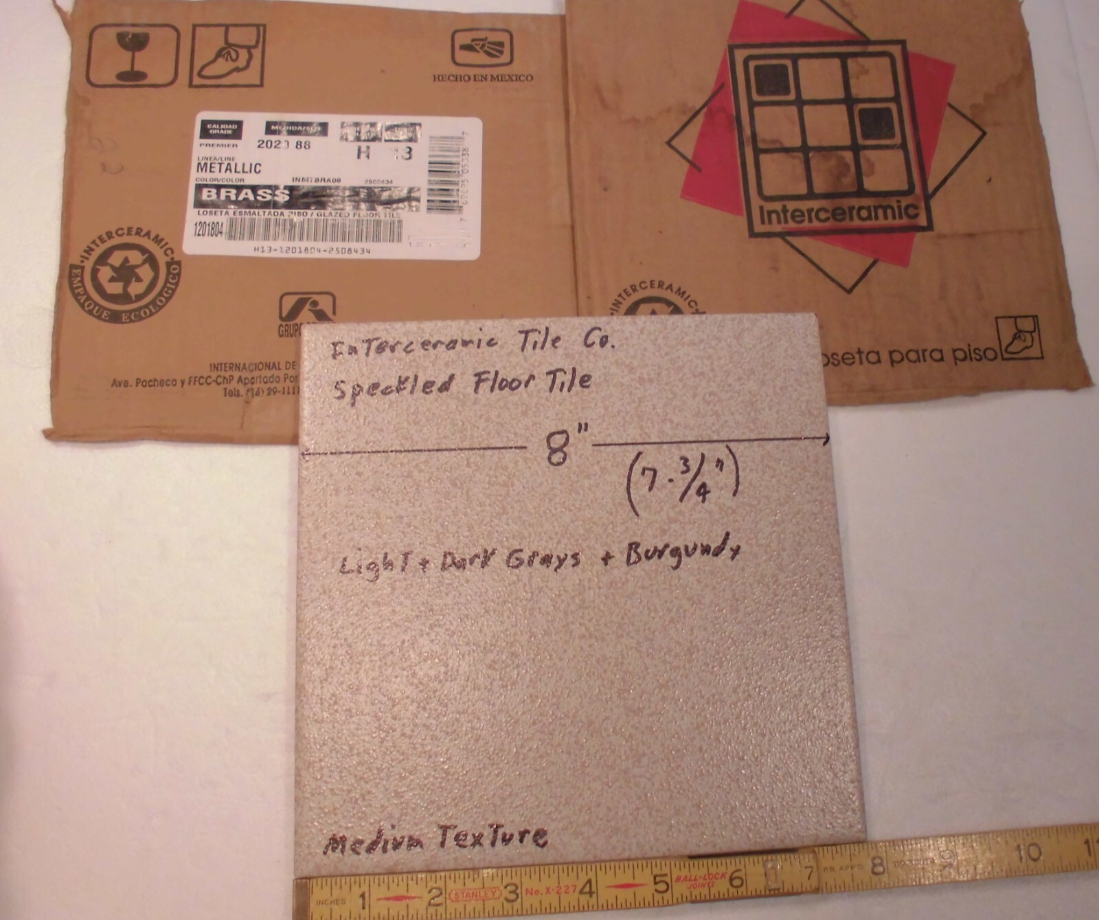 1 pc. Speckled: 7-3/4″ Ceramic Floor Tile: Light + Dark Grays with Burgundy, NEW