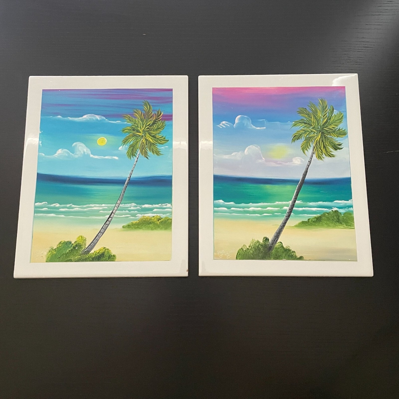 2 Hand Painted Ceramic Tile Wall Art Backsplash Border Mexico Ocean Palm Tree
