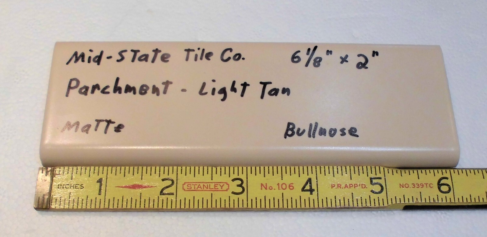1 pc. Parchment-Light Tan 2” X 6-1/8” Matte Ceramic Bullnose Tile Mid-State Co.