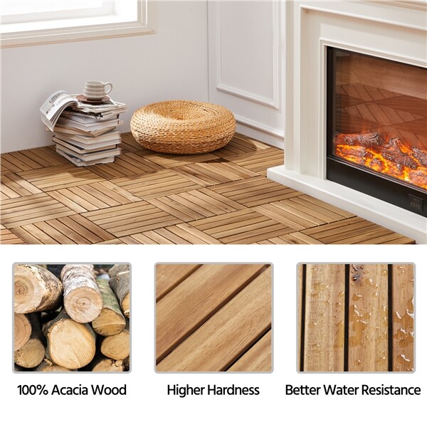 10 PCS Waterproof Acacia Wood Interlocking Flooring Tiles for Outdoor & Indoor