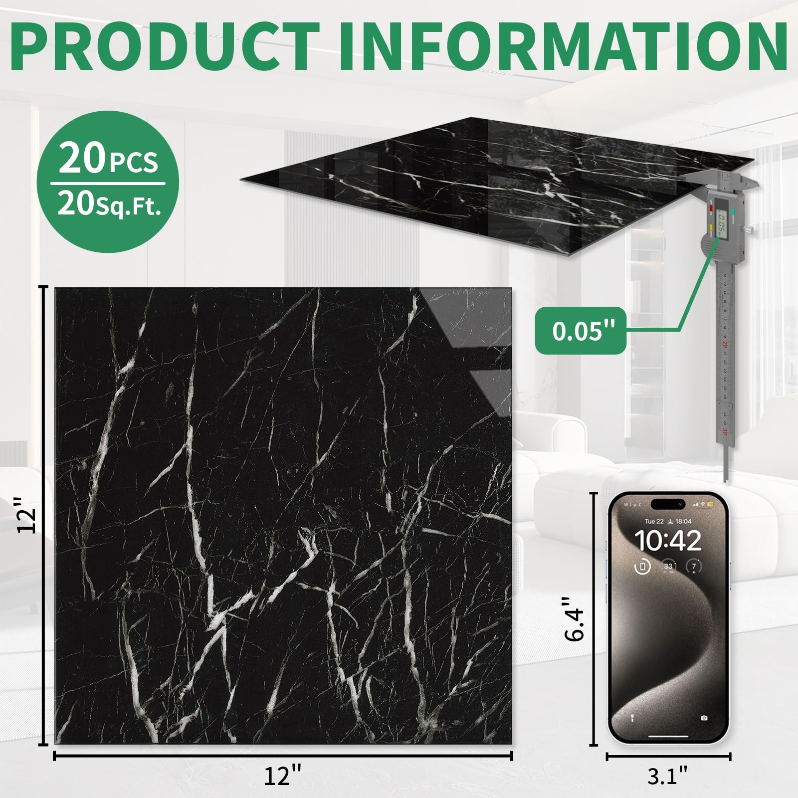 20-Pack Peel and Stick Floor Tiles Vinyl Floor 12 x 12 inch Self Adhesive Wat…