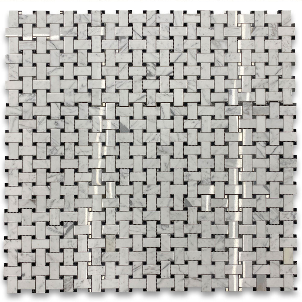 L651XP Basketweave Mosaic Statuary Statuario White Marble 1×2 Tile Polished