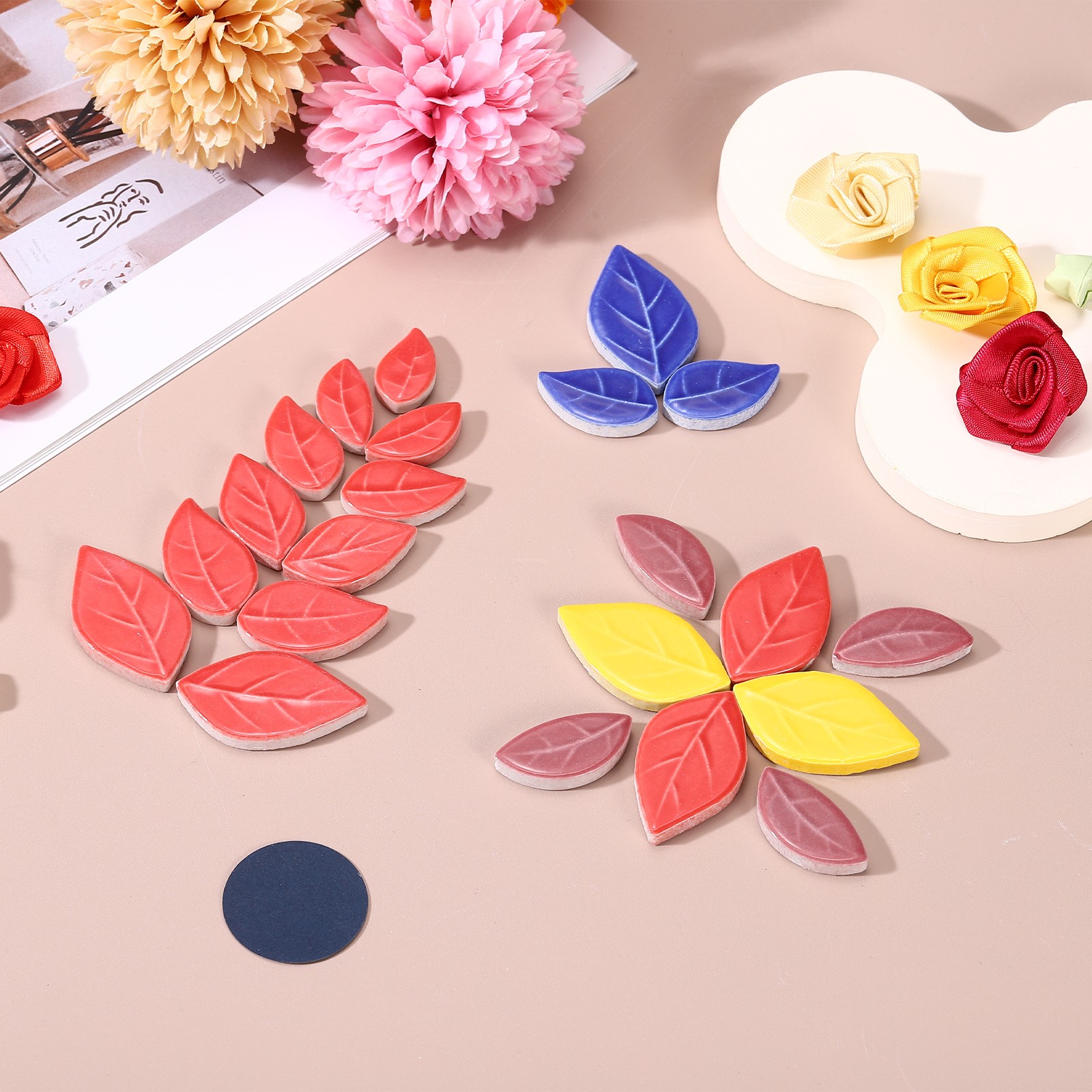 0.44LB Leaves Ceramic Mosaic Tiles for Crafts Bulk for Home Decor Green