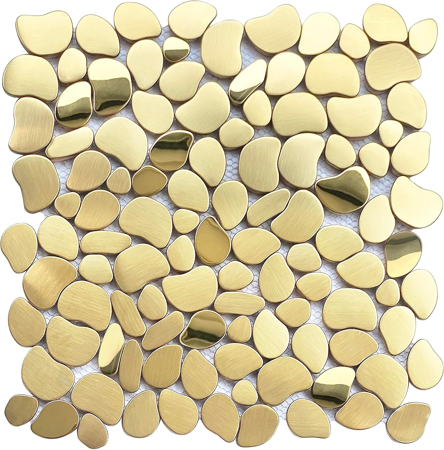 Golden Metal Pebble Mosaic Tiles, 5 Sheets Stainless Steel Backsplash Mesh Mount