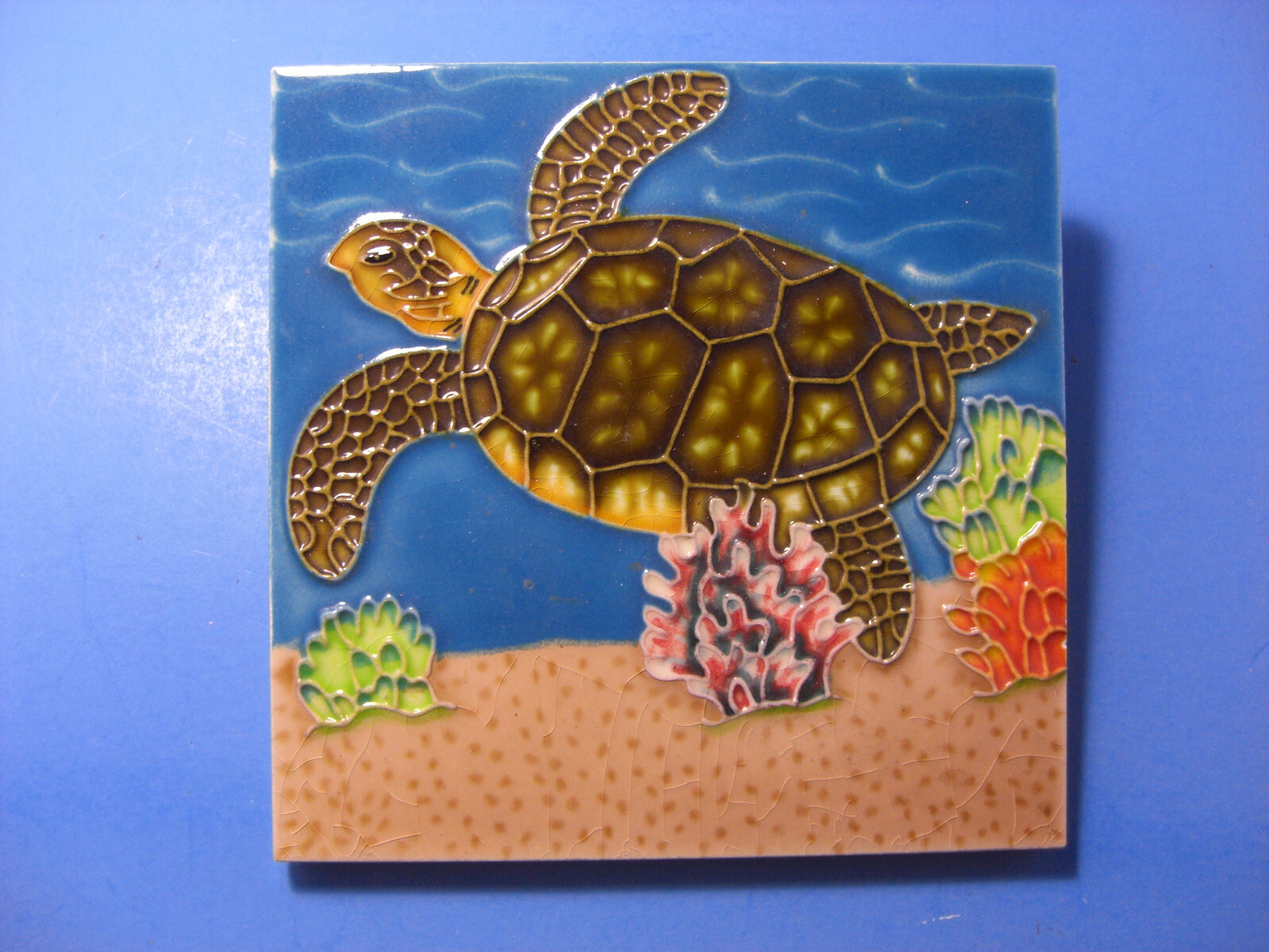 Sea Turtle Swimming in Coral-Seaweed Coastal 4X4 Ceramic Tile Scene