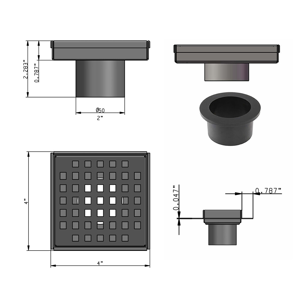 SereneDrains Square Shower Drain complete ABS kit Stainless Steel Square Design