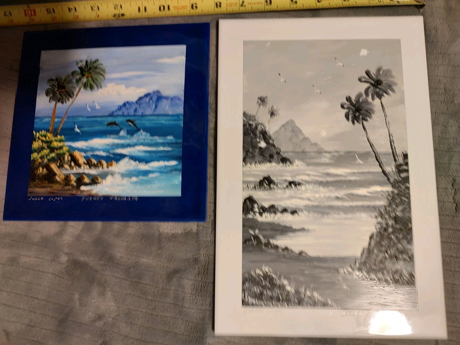 2 Signed art Tiles w/Beach Painting 11 3/4″ x 8″ and 8″ square by Jorge Coper