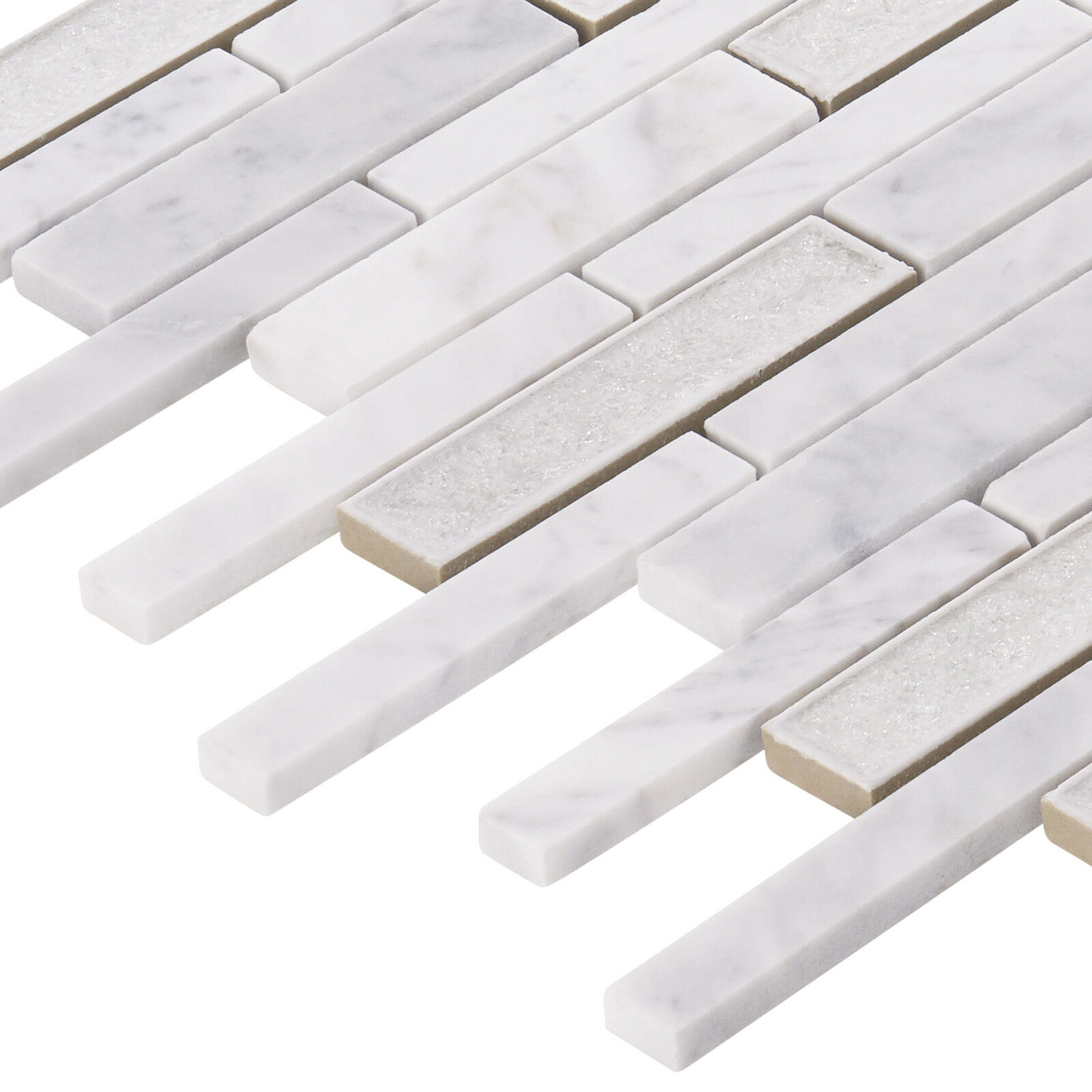White Calacatta Marble Stone Crackle Glass Linear Mosaic Tile Kitchen Backsplash