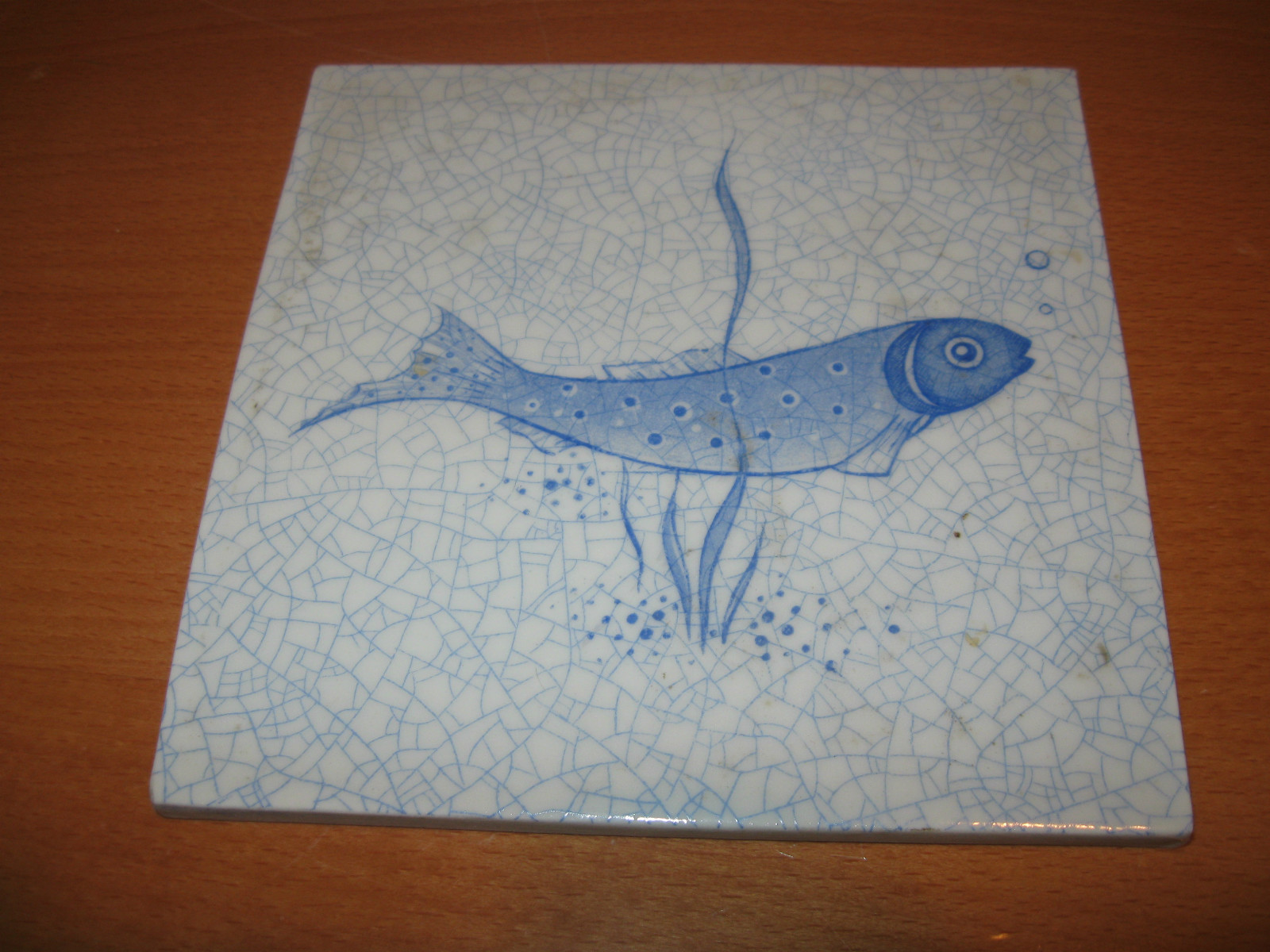 Vintage Heubach Germany Blue & White Fish Art Tile Crackle Glaze Signed on Back