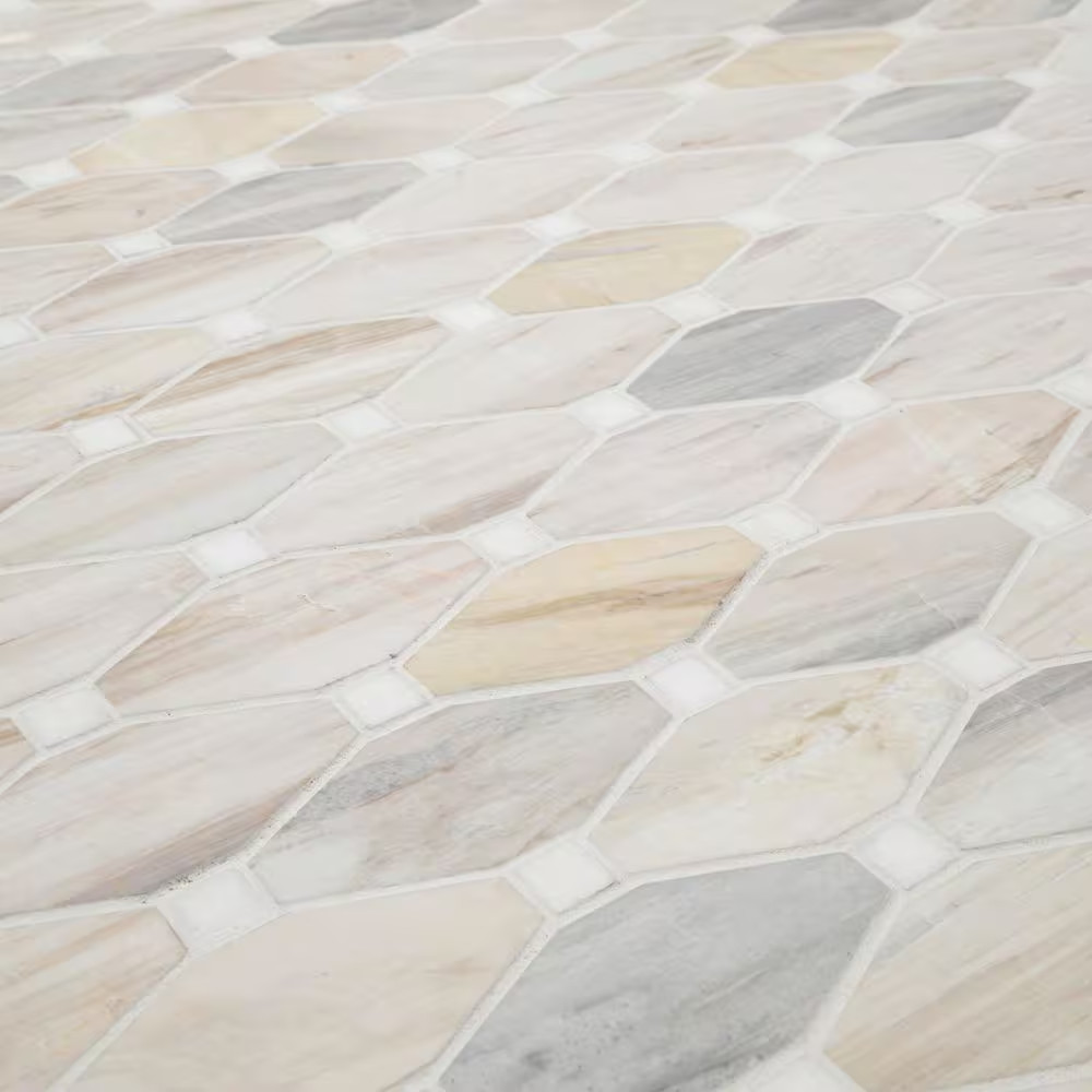 Angora Elongated Octagon 12 In. X 13 In. X 0.38 In. Polished Marble Mesh-Mounted