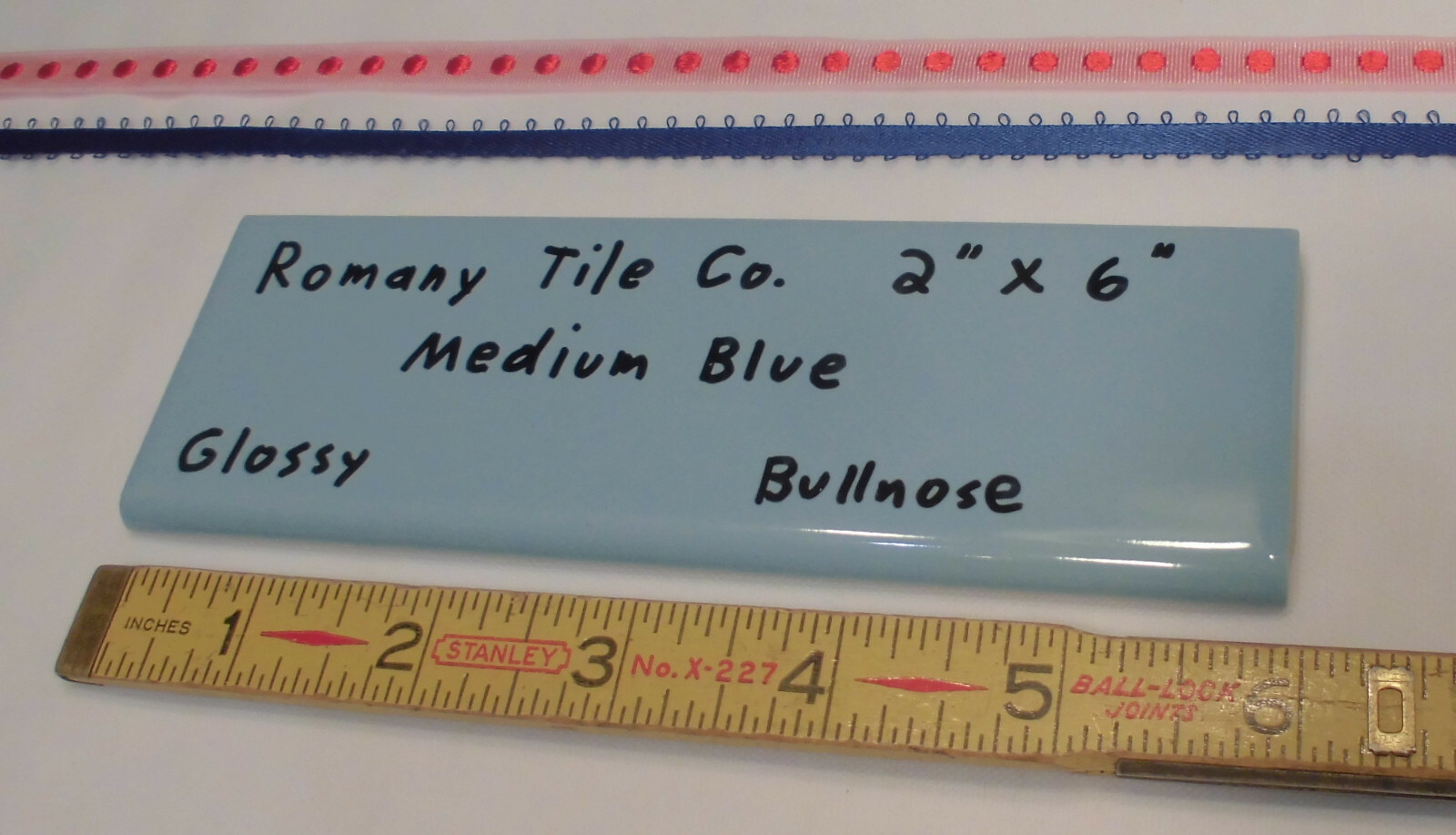1 pc. *Medium Blue* 2” X 6” Glossy Surface Bullnose Ceramic Tile: New Old Stock