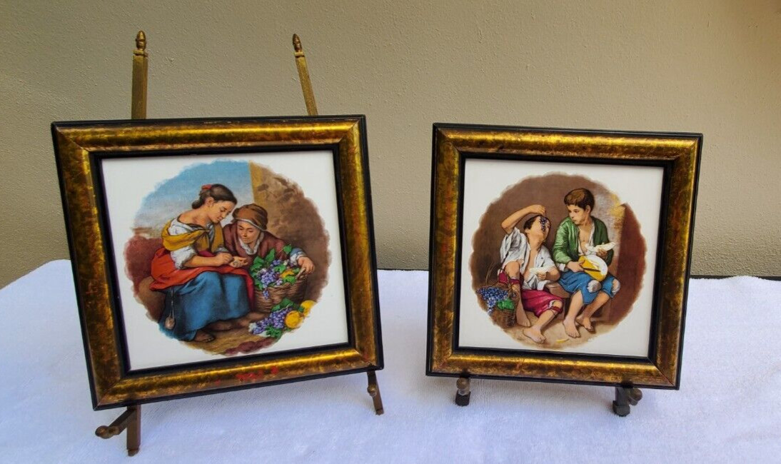 Pair H & R Johnson Ltd, Tiles figures with fruit framed made in England