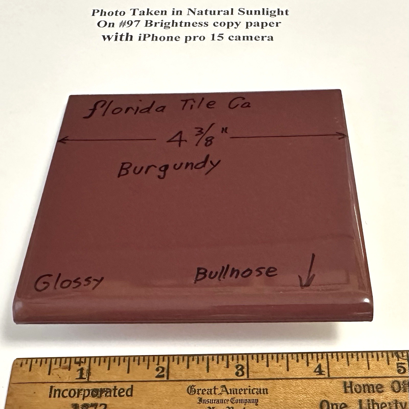 1 pc. Burgundy: 4-3/8″ Bullnose: Glossy Ceramic Tile by Florida Co. #1084 NEW