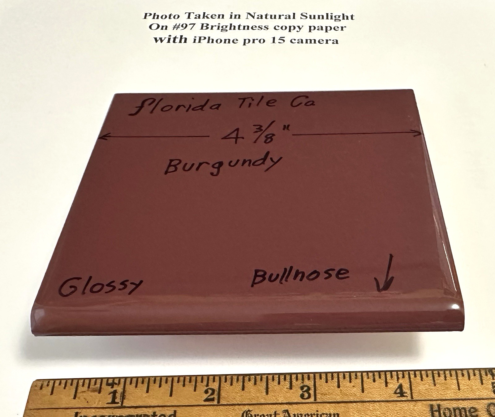 1 pc. Burgundy: 4-3/8″ Bullnose: Glossy Ceramic Tile by Florida Co. #1084 NEW