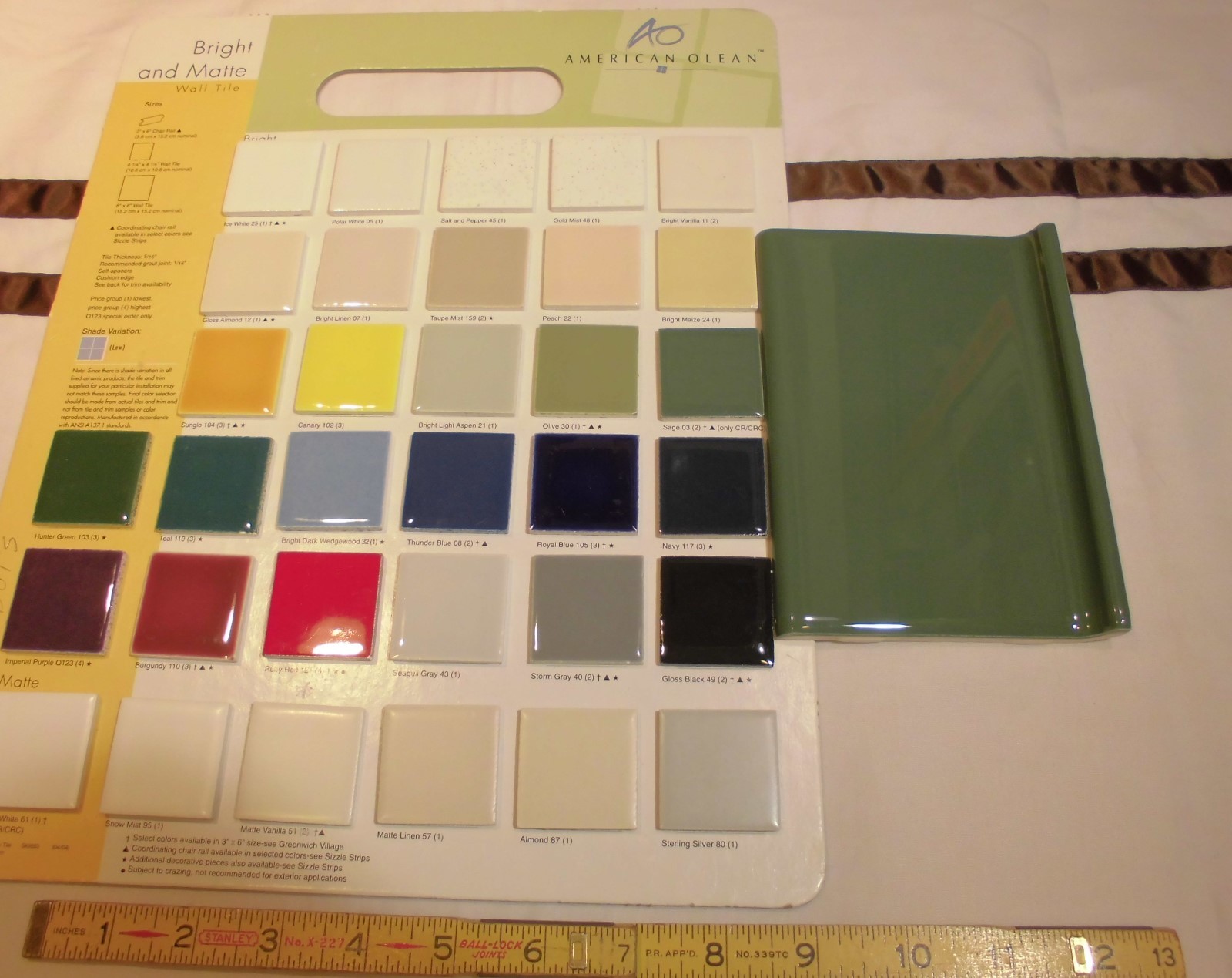 6 pcs. *Sage Green* 4” X 6” Glossy Ceramic Cove Base Tile, Bullnose Top, NEW