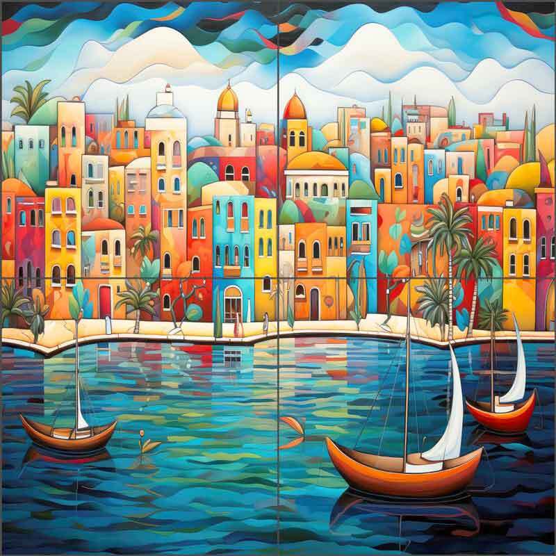 Waterfront Tile Backsplash Ray Powers Mediterranean Art Ceramic Mural OB-RPA629a