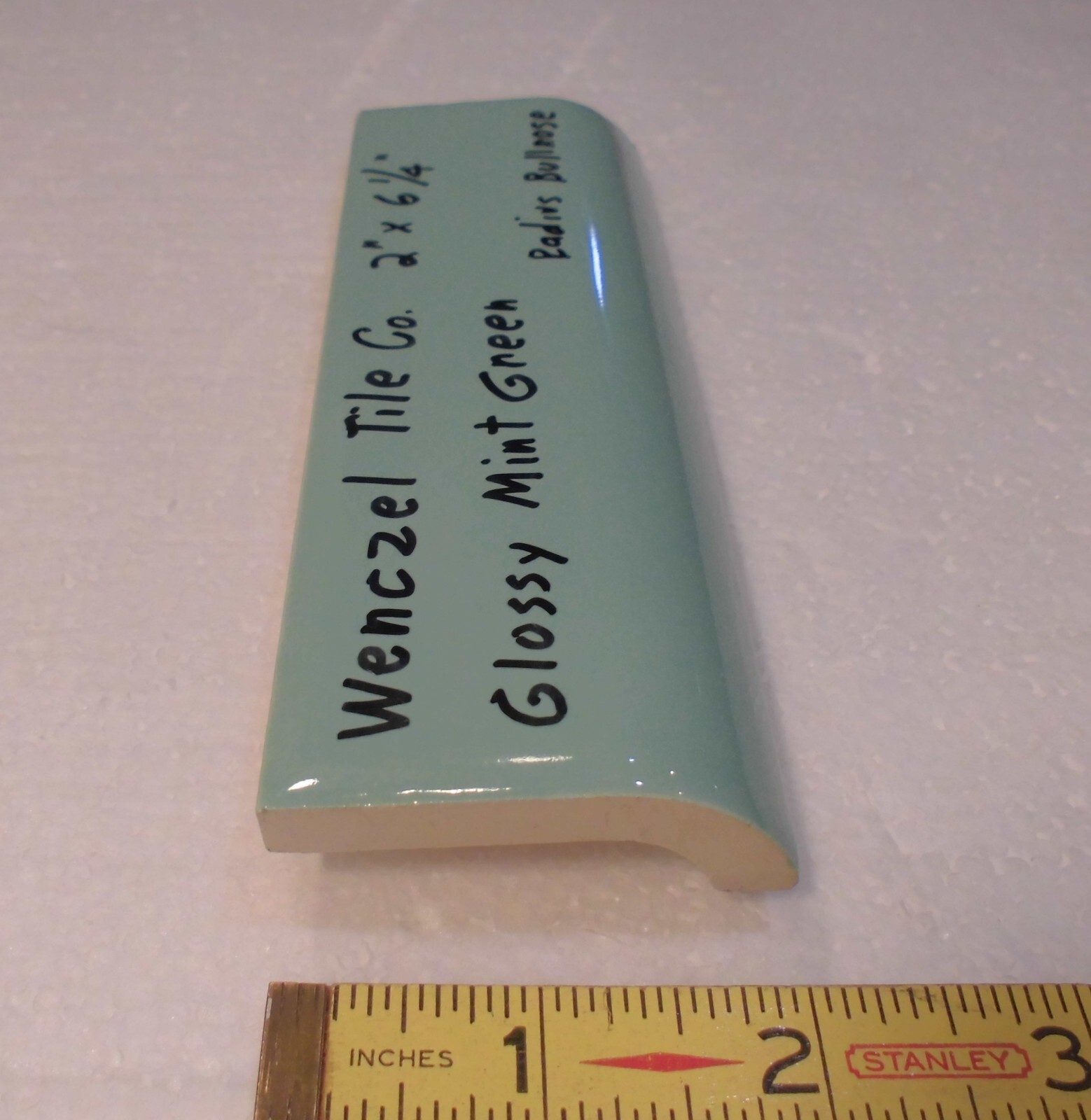 1 pc. Mint Green: Glossy Ceramic Radius Bullnose Tile: Wenczel Co. 2″ X 6-1/4″