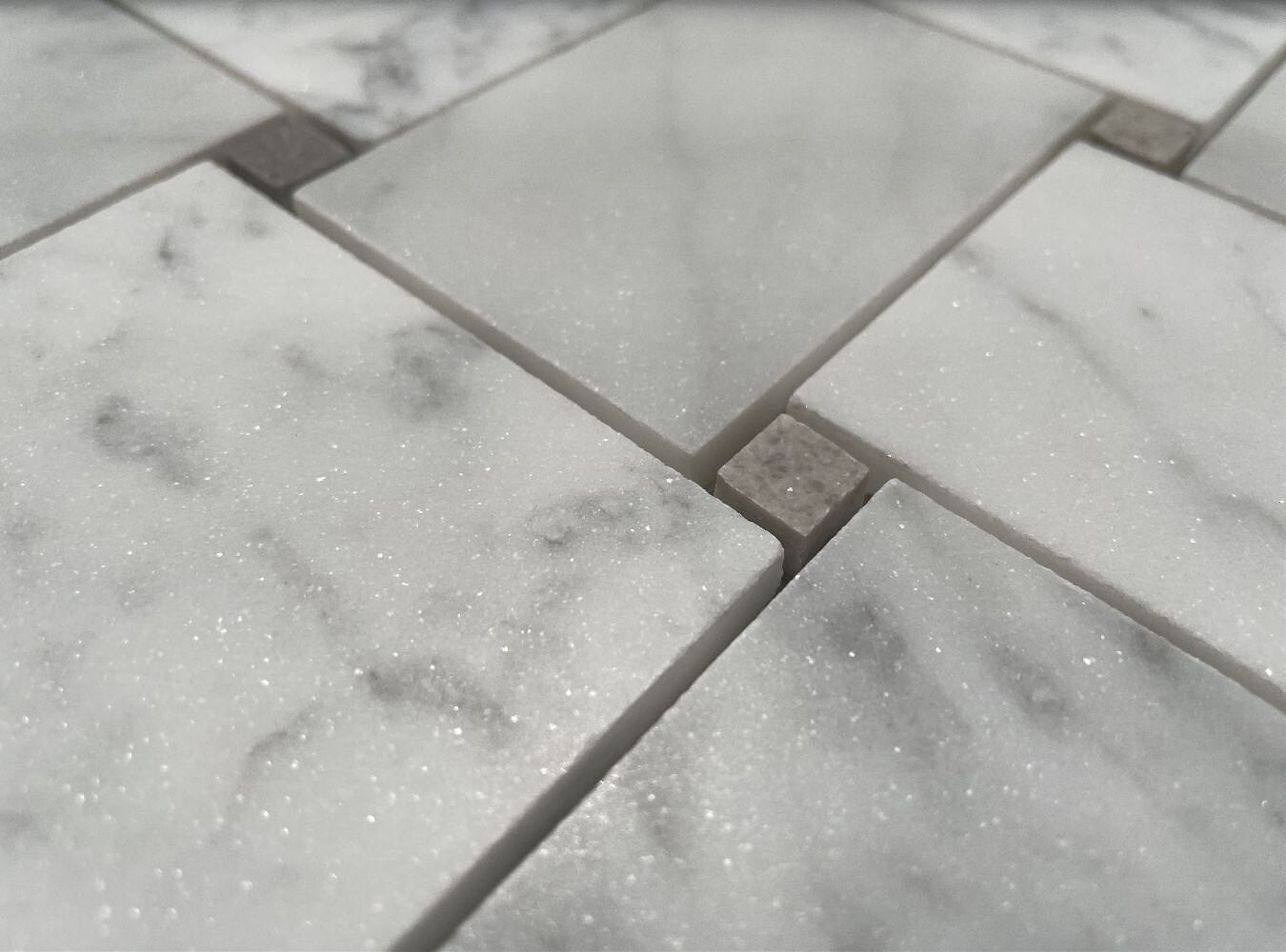 C663XH Carrara Marble Wide Basketweave Mosaic Tile Gray Dots Carrera Honed