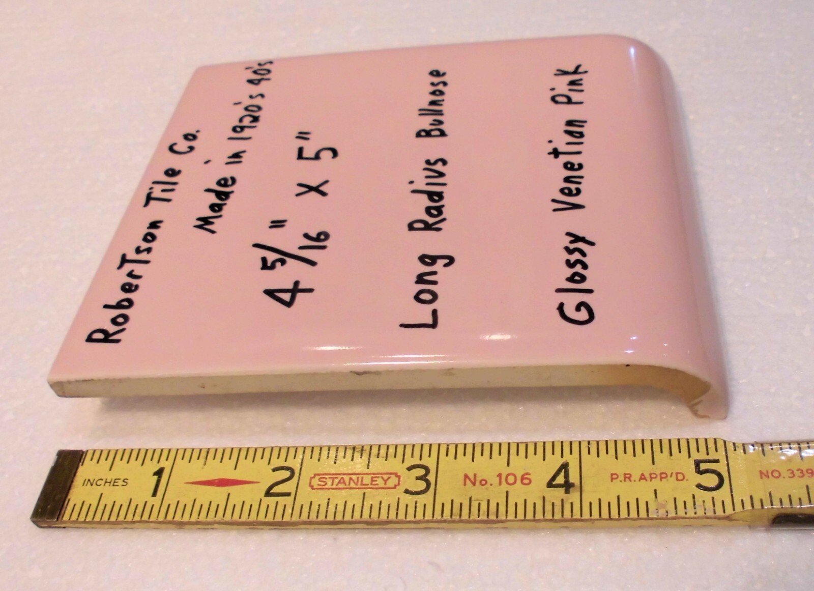 1 pc. Venetian Pink: Glossy Ceramic Radius Bullnose Tile 4-5/16″ X 5″ Robertson