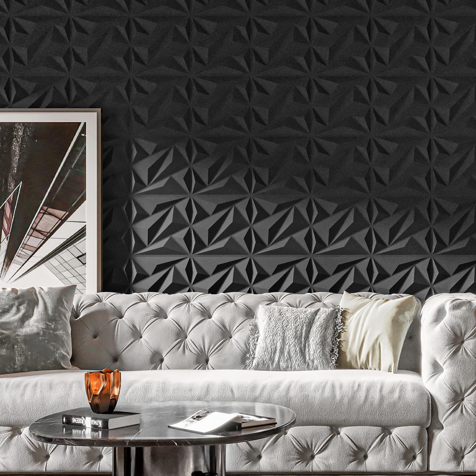 3D Wall Panels Diamond Textured PVC for Interior Decor Black 12″x12″ 33 Pack