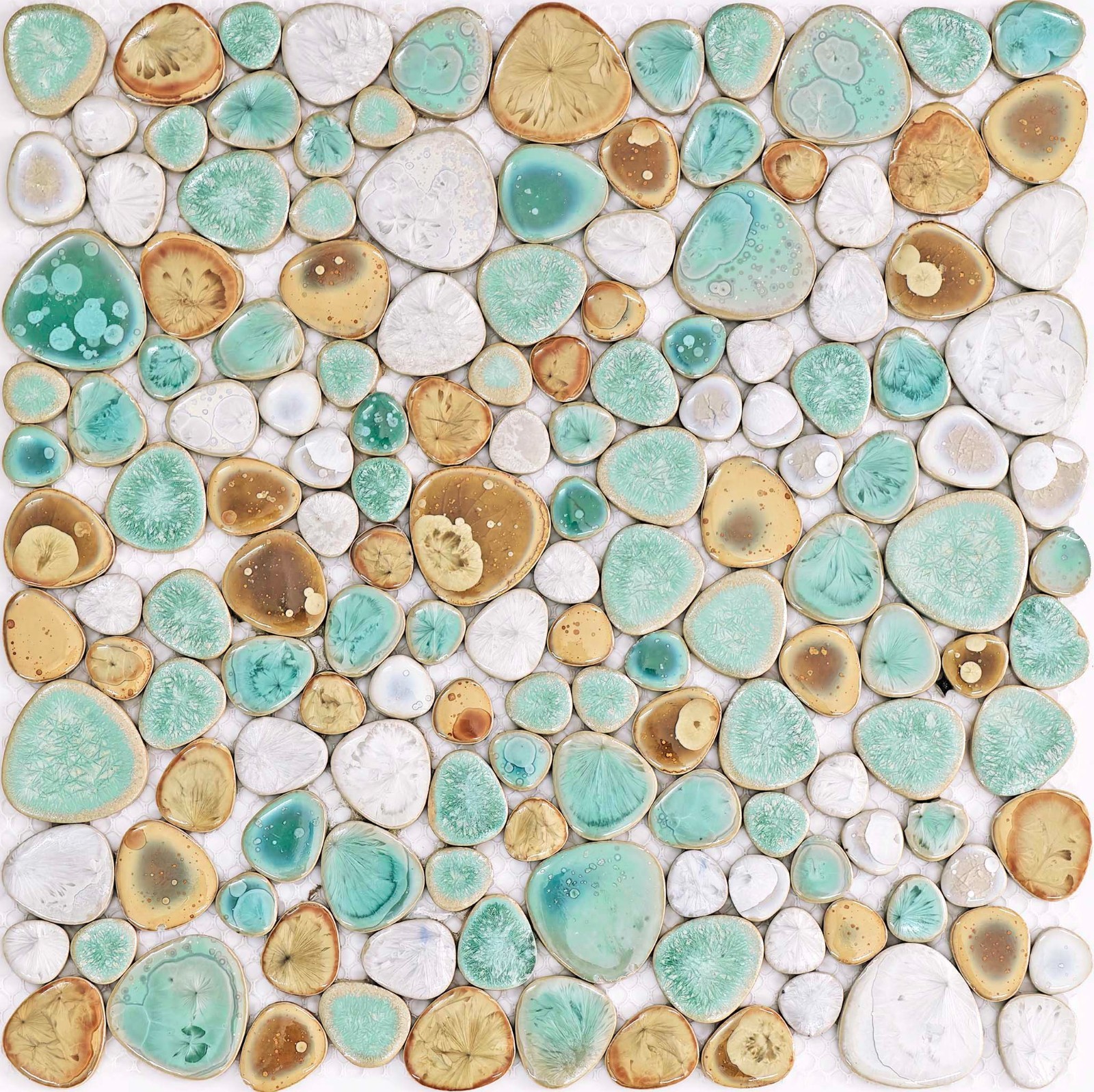 Ceramic Pebble Mosaic Tile Aqua Beige White Glossy Wall Backsplash Bathroom