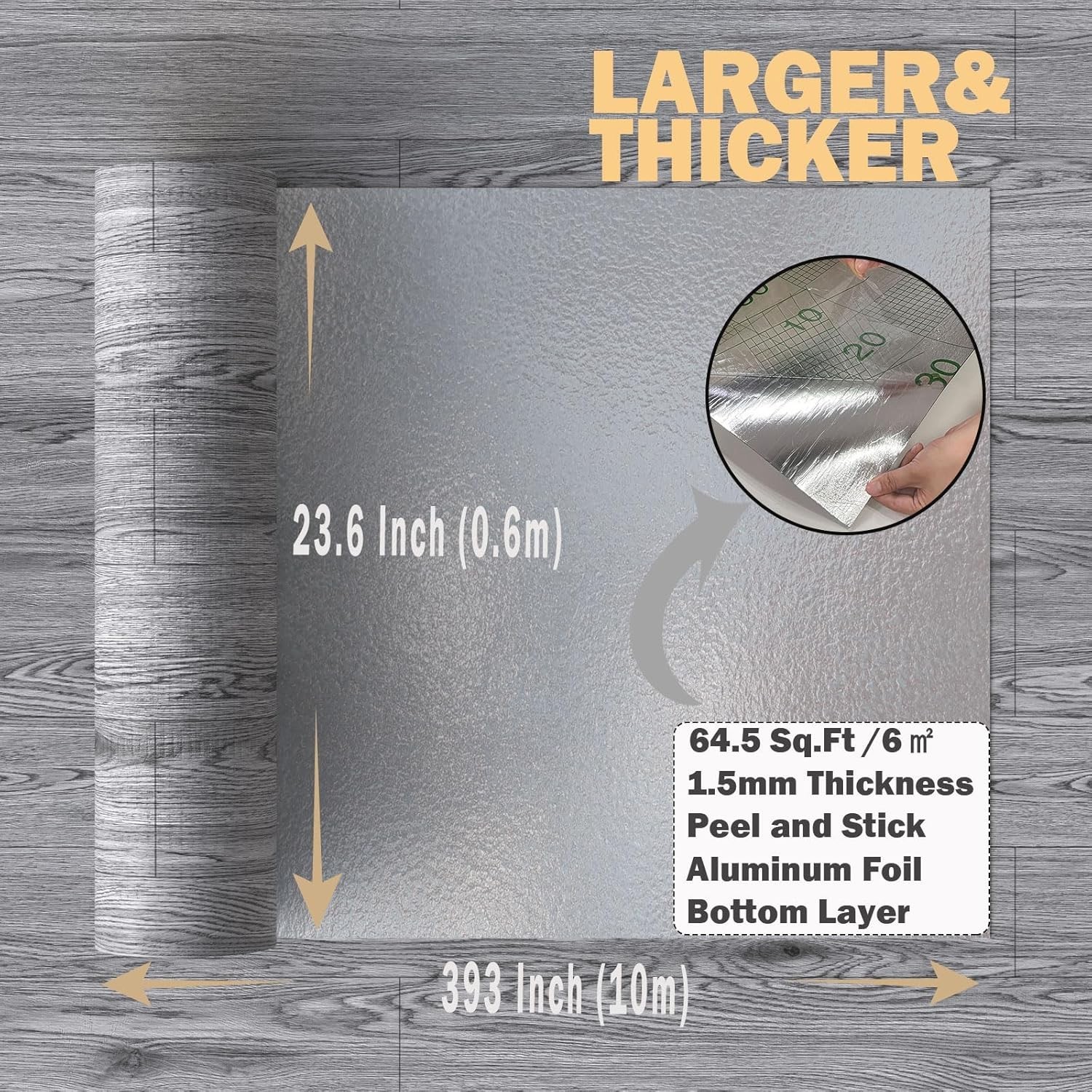 Peel & Stick Vinyl Flooring Roll 23x393in 64 SqFt Grey Wood Waterproof Self