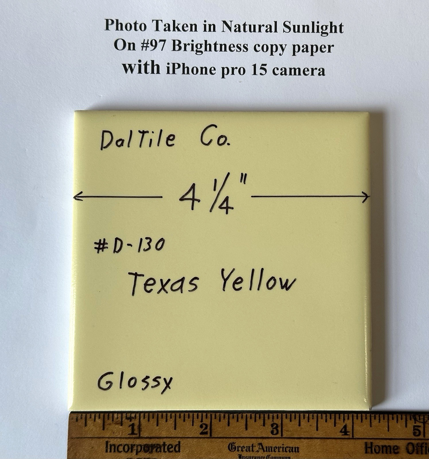 1 pc. Texas Yellow: 4-1/4″ Glossy Ceramic Tile, Made by Daltile Co. in USA, New
