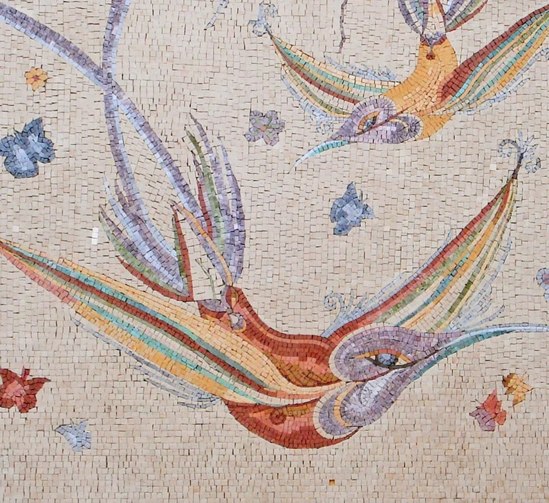 Fun and bright, this handcrafted mosaic will bring color to any space. Two birds