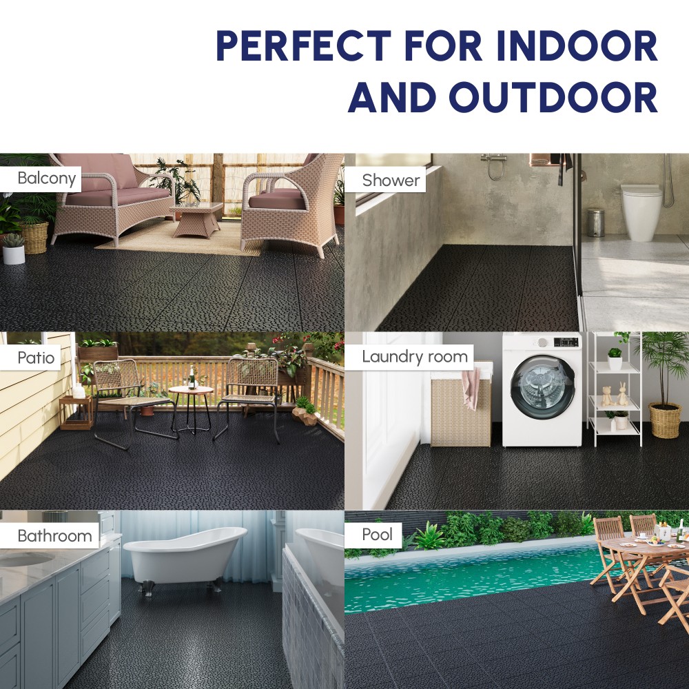60Pcs 12 x 12 Inch Black Interlocking Deck Tiles Plastic Anti-slip Bathroom