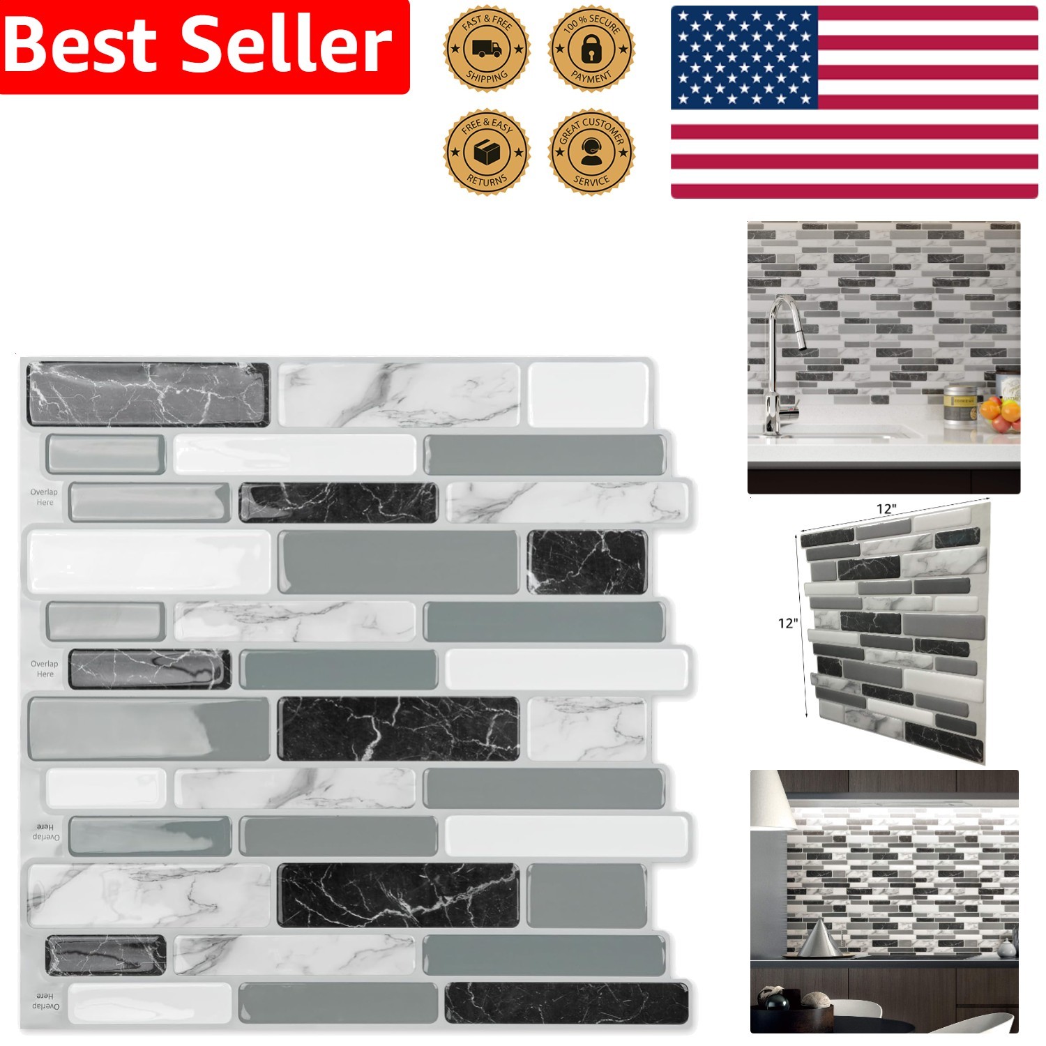 Peel Stick Backsplash Tile Kitchen Marble Grey 6 Sheets Modern Epoxy Resin Mo…