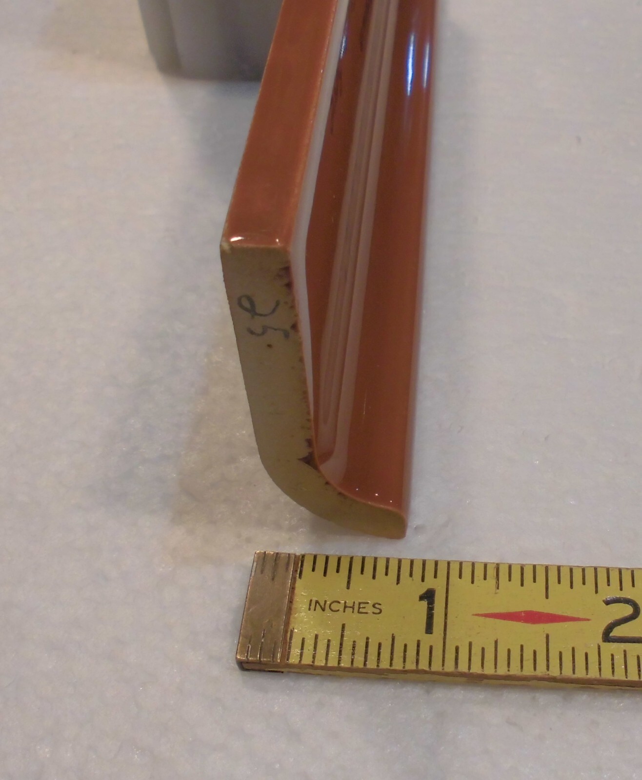 1 pc. Medium Brown: 2” X 6-1/8” Glossy Ceramic Cove Base Tile, Flat Top, NOS