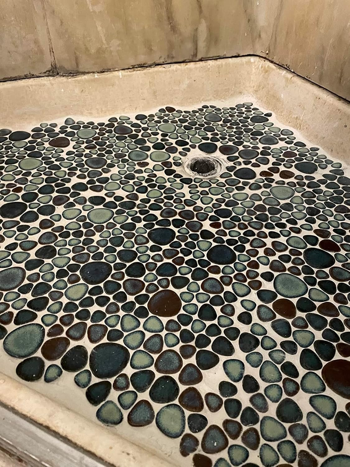 Teal Blue & Bronze Ceramic Pebble Mosaic Tile, 12×12 Sheet for Spa & Backsplash