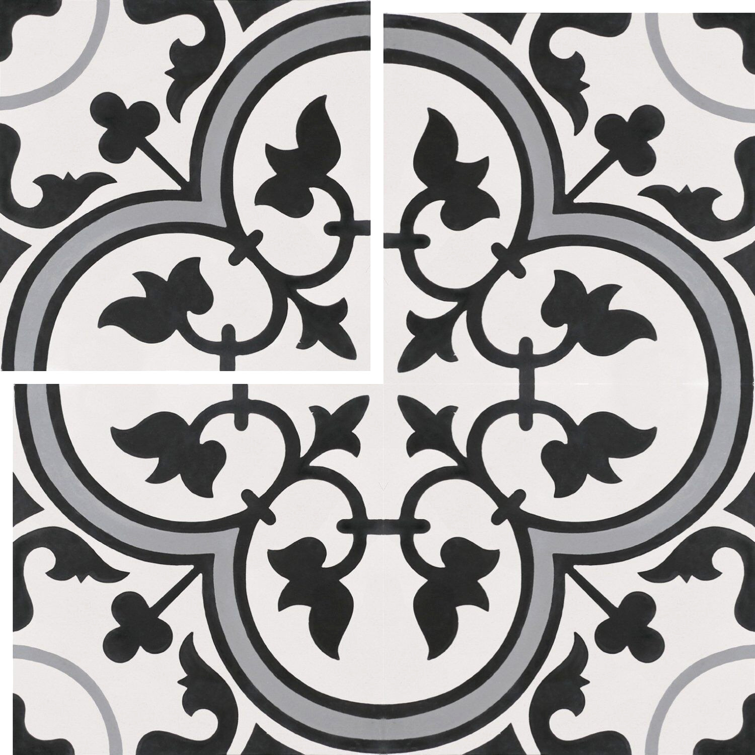 8×8 Flora Gray Black White Encaustic Design Satin Glaze Ceramic (1 PIECE ORDER)