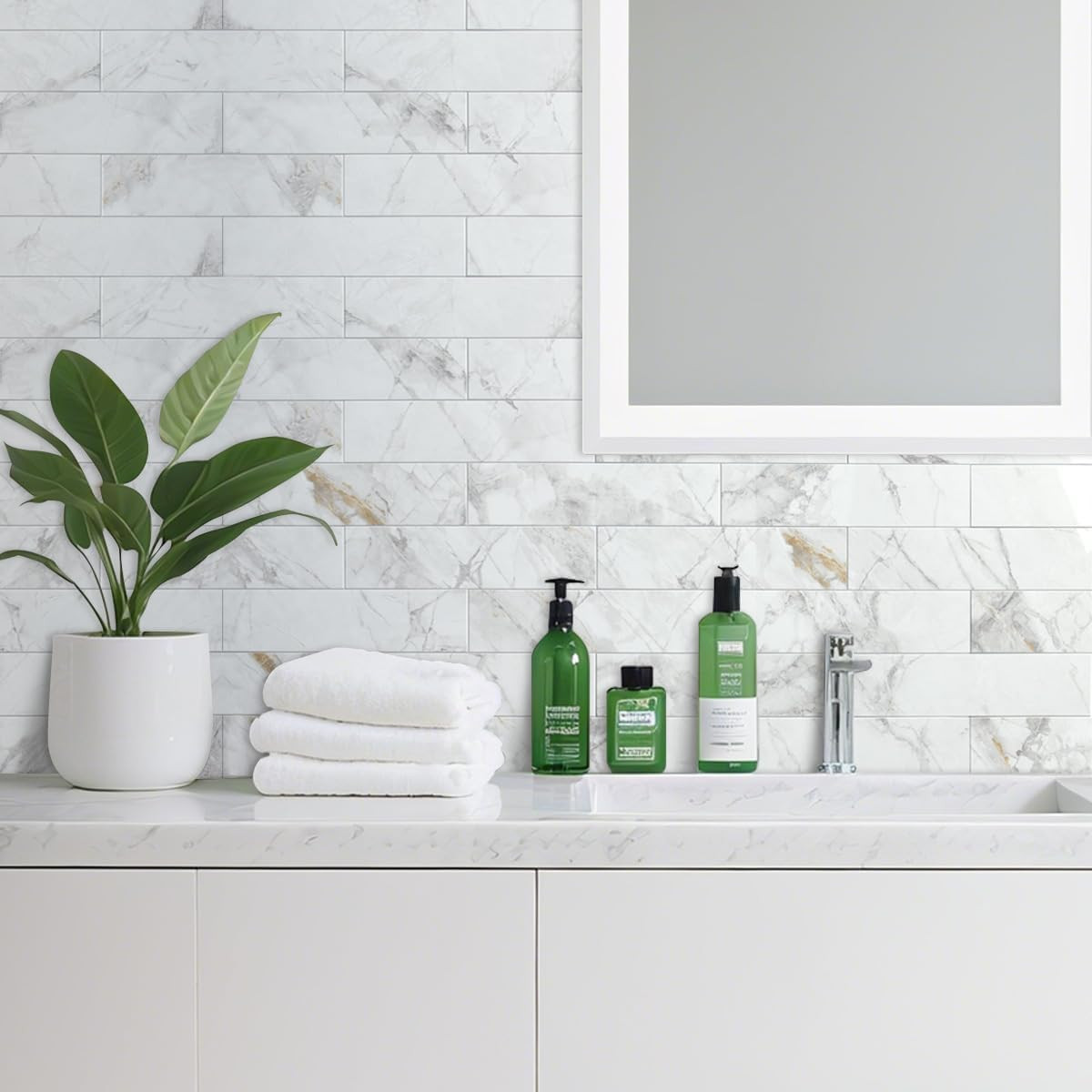 40-Piece Polished White Marble Peel and Stick Backsplash Wall Tiles, 3″