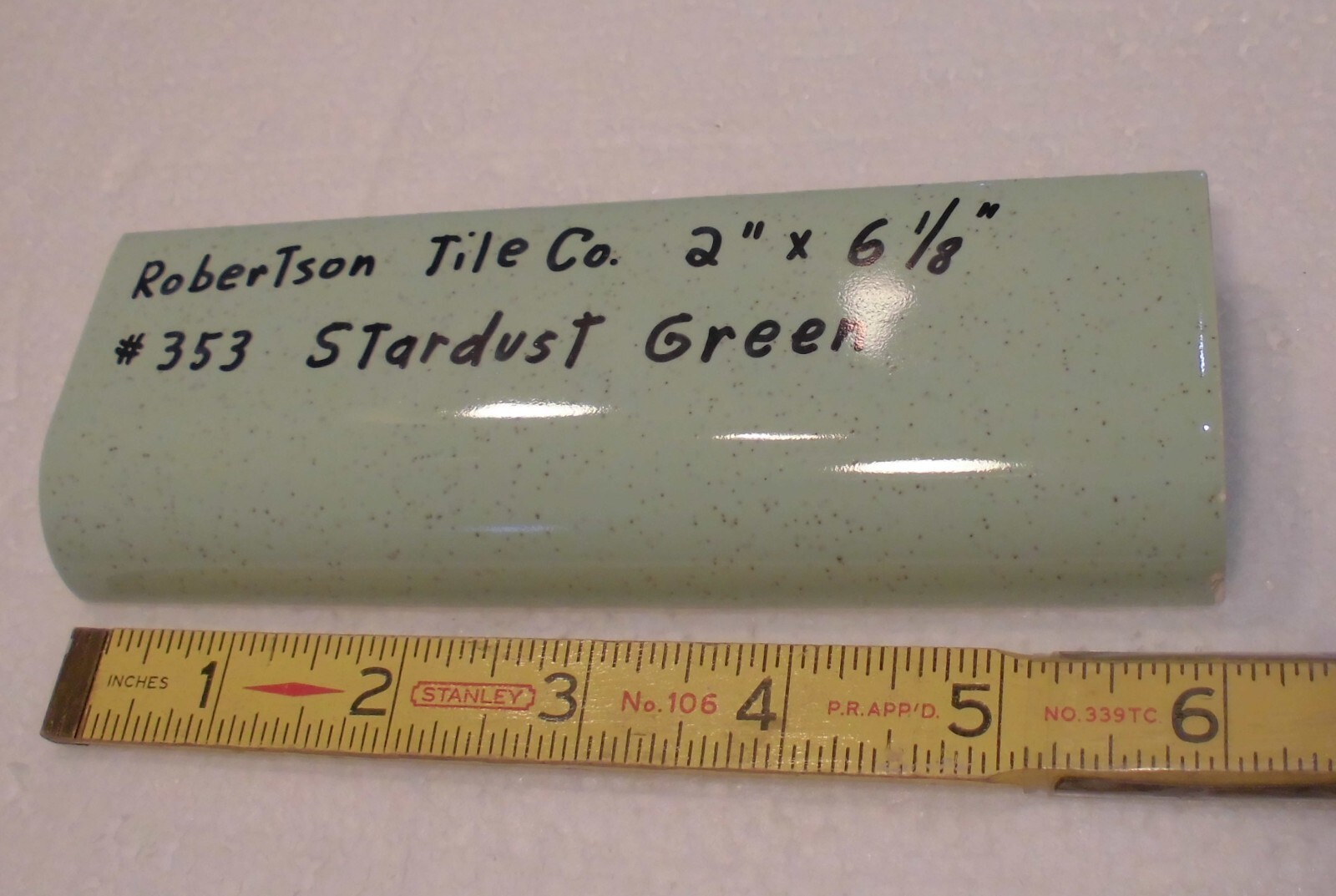 1 pc. Stardust Green: Ceramic Tile; 2″ X 6-1/8″ Radius Bullnose by Robertson Co.