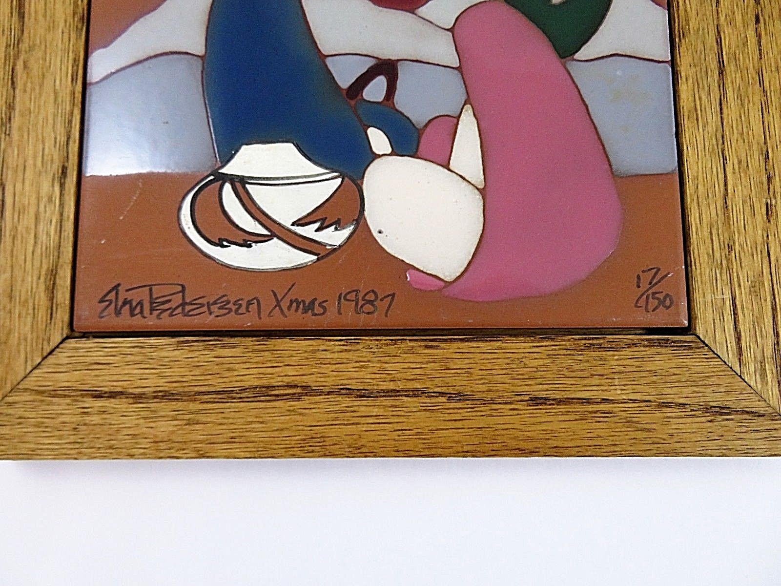 Pair Southwest Christmas Holy Family Oak Framed Clay Tile Wall Hangings Signed