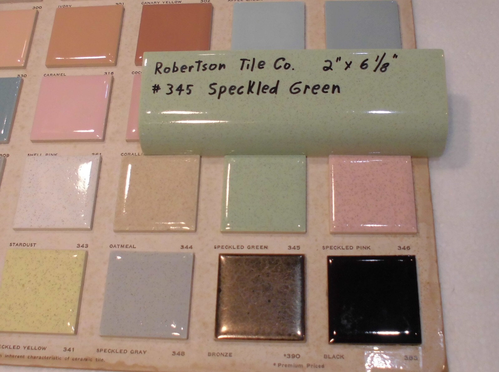 1 pc. Speckled Green: Ceramic Tile; 2″ X 6-1/8″ Radius Bullnose by Robertson Co.