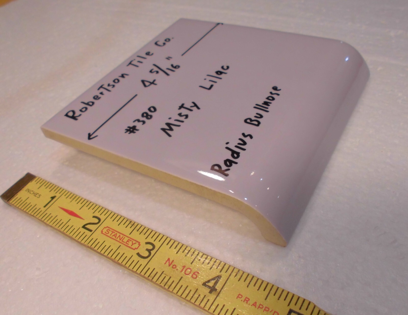1 pc. Radius Bullnose; Misty Lilac: Glossy Ceramic Tile by Robertson 4-5/16″