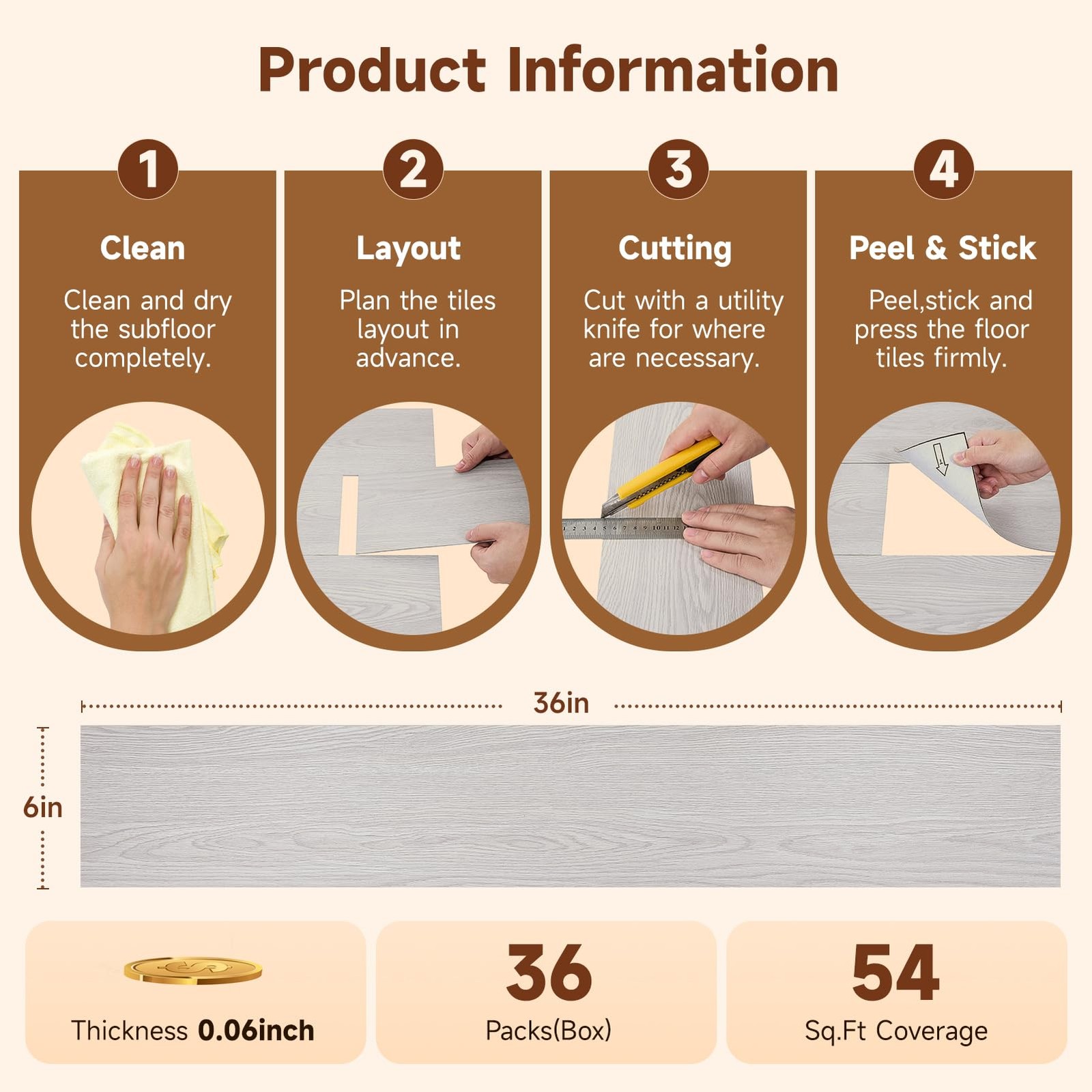Peel and Stick Vinyl Flooring, 36-Pack 54 Sq.Ft Wood Grain Waterproof Rigid C…